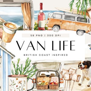 May include: Watercolor illustration with the text "VAN LIFE BRITISH COAST INSPIRED". The image features a vintage orange van with a surfboard, a bottle of rosé, a pizza, a dog, and camping gear. A coastal theme.