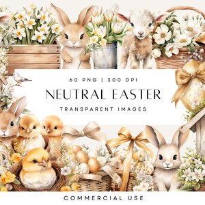 Pacote de clipart de Páscoa em aquarela, coelho da Páscoa, cesta de ovos de Páscoa, Páscoa neutra, Boho Páscoa PNG, cordeiro, pintinho, clipart de narciso da primavera