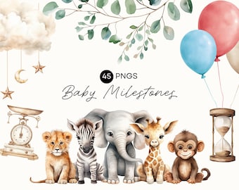 Baby Milestone Clipart, Boho Safari Animal Clip Art, Elephant With Balloon, Safari Theme Baby Shower Bundle, Commercial Use, Transparent PNG