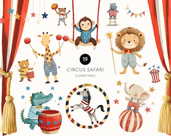 Circus Animal Clipart | Watercolor Vintage Carnival PNG Nursery Decor Birthday Party Baby Shower Elephant Lion Bear Monkey Commercial Use