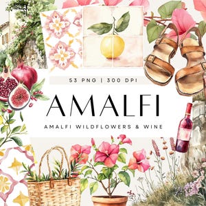 Clipart Costiera Amalfitana, Illustrazioni estive italiane, Piastrelle estetiche mediterranee, Verde di fiori selvatici, Decorazioni costiere boho, Uso commerciale