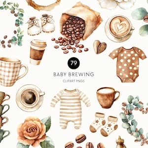 Baby Brewing Clipart – Baby Shower Elements, Coffee Cups, Latte Art, Beans, Bottles, Floral Wreaths & Eucalyptus Borders, Commercial Use