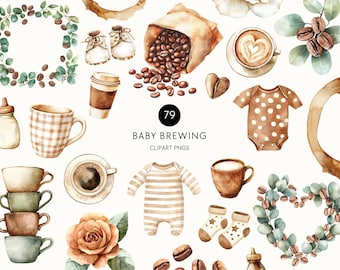Baby Brewing Clipart – Baby Shower Elements, Coffee Cups, Latte Art, Beans, Bottles, Floral Wreaths & Eucalyptus Borders, Commercial Use