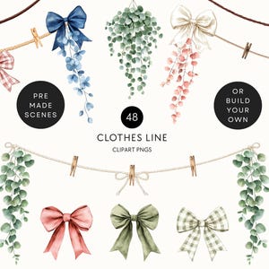 Empty Clothesline Clipart | Rustic Baby Shower Clothes Line - Build Your Own & Pre-Made PNGs - Watercolor Bows, Foliage, Flowers and Pegs
