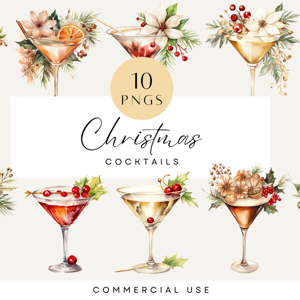 Christmas Cocktail Clipart, Winter Holiday Drinks PNG, Martini Glass Clip Art, Watercolor Xmas Pack, Commercial Use, Transparent Background