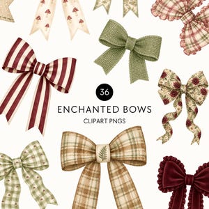Può includere: Una collezione di 36 illustrazioni digitali di fiocchi con vari motivi e texture, tra cui quadri, righe, tinte unite e disegni floreali. Il testo 36 ENCHANTED BOWS CLIPART PNGS è centrato tra i fiocchi nei colori rosso, verde e beige.