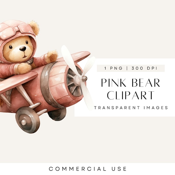 Flying Bear Clipart, Vintage Teddy Bear, Baby Shower Clipart, Cute Teddy Clipart, Digital Downloads, Baby Bear Pilot, For Commercial Use
