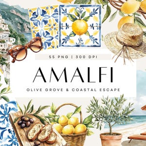 Clipart côte amalfitaine, illustrations de l'été italien, carrelage esthétique méditerranéen, verdure citron & olive, décoration côtière bohème, usage commercial