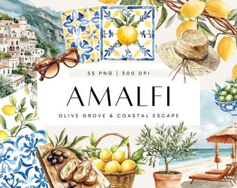 Amalfi Coast Clipart, Italian Summer Illustrations, Mediterranean Aesthetic Tile, Lemon & Olive Greenery, Boho Coastal Decor, Commercial Use