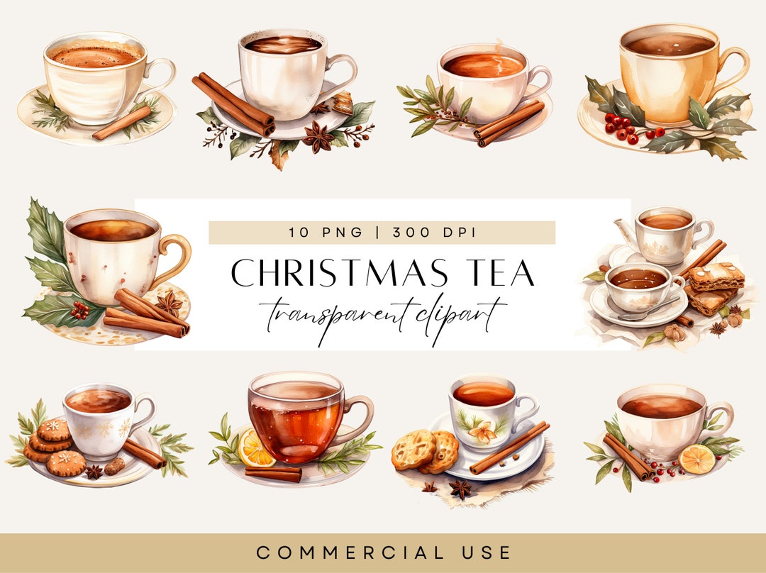 Watercolor Christmas Tea Clipart, Winter Tea Party, Cozy Teacup Set