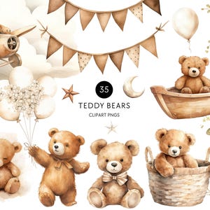 Teddy Bear Baby Shower Clipart, Brown Teddies Holding Balloons, Gender Neutral Watercolor Clip Art, Commercial Use, Transparent PNG