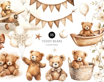 Clipart de osito de peluche para baby shower, ositos marrones con globos, acuarela de género neutro, uso comercial, PNG transparente