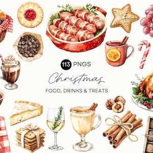 Op de afbeelding: Waterverfillustratie van kerstgerechten en -dranken. Bevat een gebraden kalkoen, peperkoek, een broodmand, een kop warme chocolademelk en andere feestelijke lekkernijen. De tekst "Christmas Food, Drinks & Treats" is ook inbegrepen.