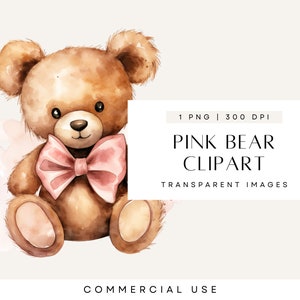 Clipart orsetto rosa, orso vintage, clipart baby shower, orsacchiotti carini, papillon, download digitali, PNG trasparenti, uso commerciale