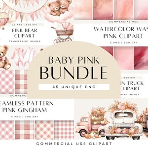 Clipart de baby shower de osito de peluche rosa, ositos de peluche sosteniendo globos, clip art de acuarela, baby shower para niña, uso comercial, PNG transparente