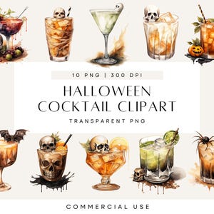 Clipart di cocktail di Halloween ad acquerello, 10 PNG trasparenti, Clip art di bevande inquietanti, teschio e zucca, download immediato, uso commerciale,