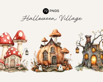 Clipart de aldea de Halloween: Calabazas, setas y casas de hadas caprichosas, lunas, fantasmas y hadas PNG