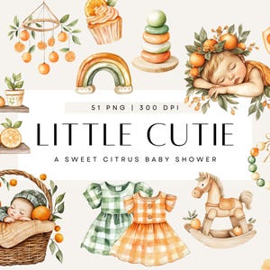 Ein kleines süßes Baby-Dusche-Clipart, Zitrusfrucht-Orangen, Orangenblüten-grün, Sommeraquarell, Boho & Rustikal, 51 transparente PNG