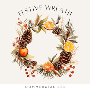 Clipart couronne de Noël bohème, agrumes, orange séchée, feuillage d'hiver, mariage bohème, pomme de pin, baies de houx, couronnes de fleurs