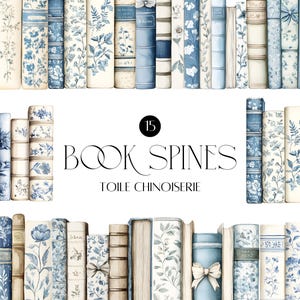 May include: An illustration of 15 book spines featuring blue and white floral and botanical patterns. The text "BOOK SPINES TOILE CHINOISERIE" is displayed. The books are in shades of blue and cream, evoking a vintage aesthetic.