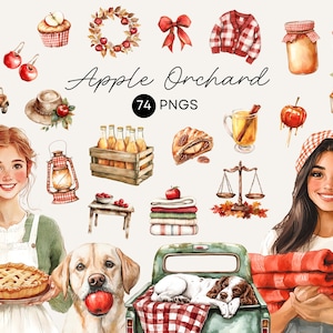Aquarell Herbst Äpfel Clipart, Herbst Bauernhof Illustrationen, Rote Äpfel PNG, Süße Hunde, Gemütliche Cottagecore Mädchen, Kürbis und Blätter, Digitales PNG