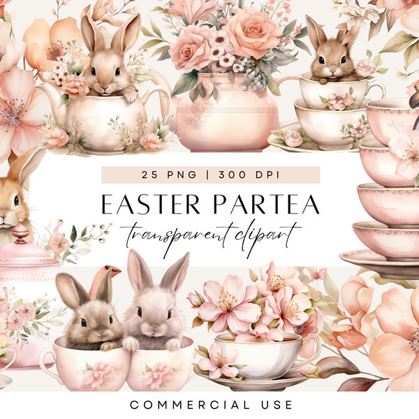 Easter Tea Clipart, Cute Easter Bunny, Pink Tea Party, Easter Partea, Watercolor High Tea, Blush Pink Floral, Tea Time Set, Afternoon Tea