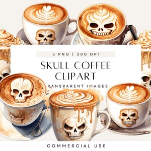 Clipart de Halloween de café, Clipart de bebidas em aquarela, Arte de caveira com leite, Caneca de café assustadora, Estética de amante de café, Esqueleto PNG, Uso comercial