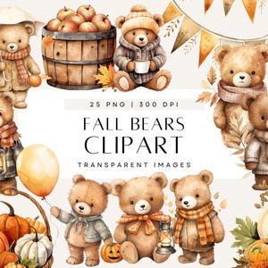Herfstbeer clipart, aquarel baby beer illustraties, herfstmand teddy png's, pompoen appel gedroogde bladeren, commercieel gebruik, transparante png