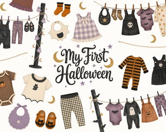 Halloween Clothes Clipart | Baby Brewing Clothesline PNG, First Halloween Baby Shower, Spooky Babygrows, Cute Fall Nursery, Commercial Use