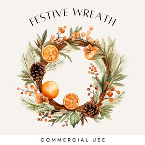 Clipart floreale invernale, clipart di agrumi, arancia secca, ghirlanda acquerello, fogliame natalizio, matrimonio boho, pigna boho, bacche di agrifoglio