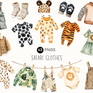 Safari Baby Clothes Clipart - Gender Neutral Outfit PNG, Boho Jungle Baby Shower, Watercolor Animal Print Clothesline, Wild One Birthday