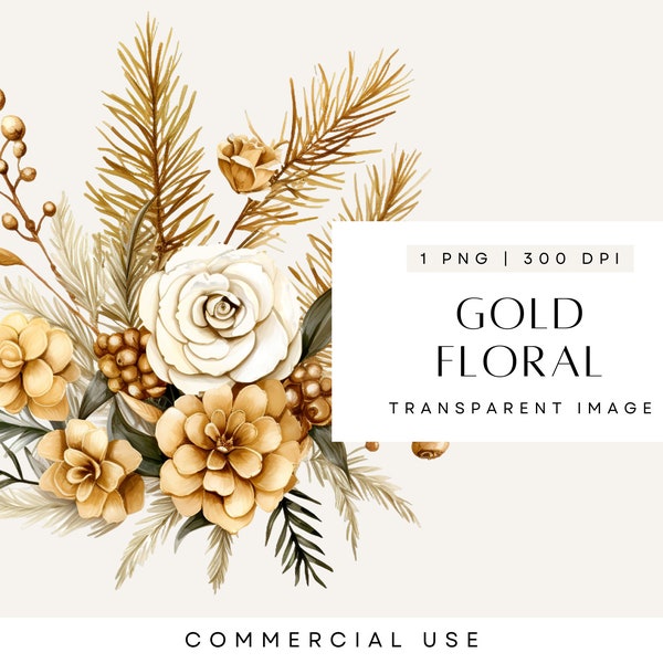 Pine Cone Clipart, Gold Christmas Decor, Greenery Clip Art, Pine Needle, Watercolor, Wedding Design, Transparent PNG, Commercial Use