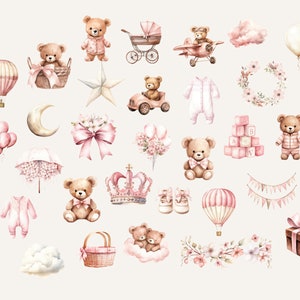 May include: A collection of watercolor illustrations featuring cute teddy bears, baby items, and whimsical elements like hot air balloons, stars, and crowns. The illustrations are in shades of pink, brown, and white, creating a soft and delicate aesthetic.