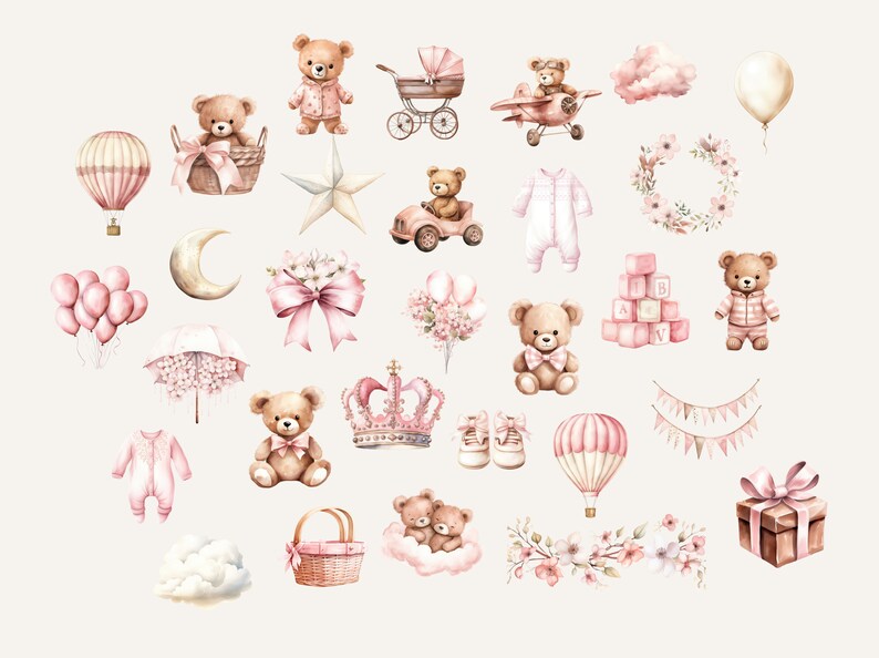May include: A collection of watercolor illustrations featuring cute teddy bears, baby items, and whimsical elements like hot air balloons, stars, and crowns. The illustrations are in shades of pink, brown, and white, creating a soft and delicate aesthetic.