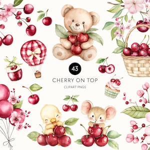 May include: A collection of watercolour illustrations featuring cherries, a teddy bear, a hot air balloon, a cupcake, and a basket. The image includes the text "Cherry on Top" and "Clip art PNGs". The colour palette includes red, pink, green, and beige.