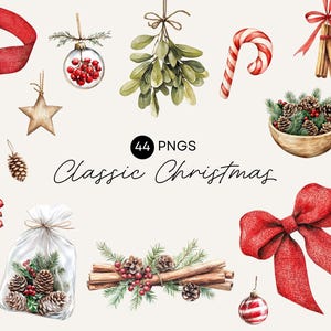 May include: Watercolor illustrations of Christmas decorations, including red ribbons, ornaments, mistletoe, pine cones, and a candy cane. The text "Classic Christmas" is displayed below the illustrations. The image contains 44 PNGs.