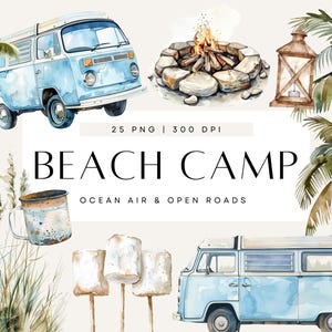 Clipart de autocaravana feliz, autocaravana hippie retro, vida en furgoneta costera, vacaciones en campamento de verano en la playa, bohemio neutro, clip art para uso comercial