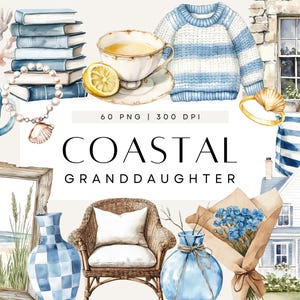Clipart grand-mère côtière, été preppy, esthétique petite-fille de la Nouvelle-Angleterre, décor de plage bohème, aquarelle bleu et blanc, PNG à usage commercial