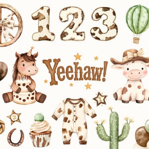 Puede incluir: Ilustraciones en acuarela con temática de vaquero para un cumpleaños. Incluye una rueda de carro, los números 1, 2 y 3, un globo aerostático, estrellas, un caballo con tarta, una vaca, un body, una magdalena, globos, una cuerda, una herradura y cactus. También está presente la palabra "Yeehaw!".