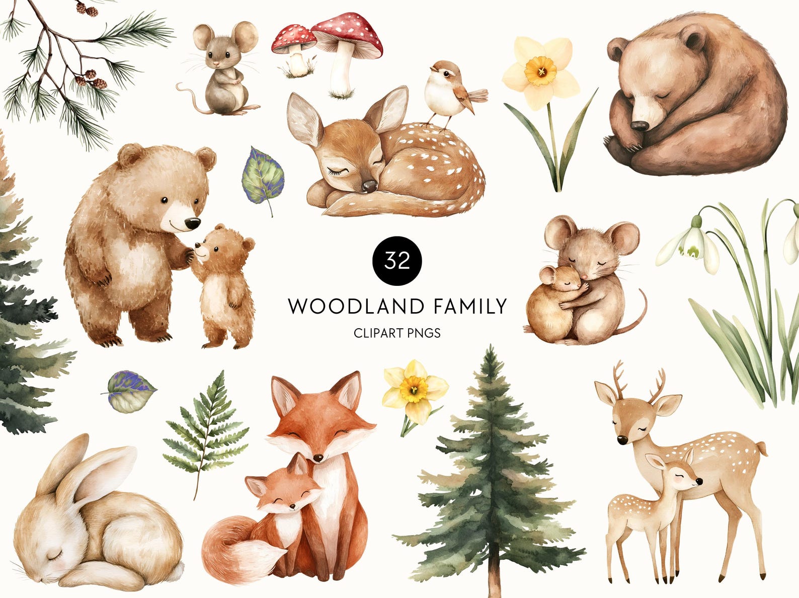 Boho Woodland Clipart | Watercolor Baby Animals PNG Nursery Decor Fox ...