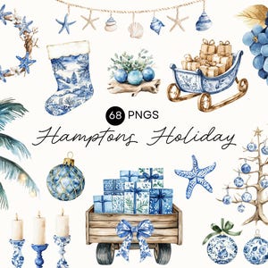 May include: Watercolor illustrations of holiday-themed items in blue and white. Includes a wreath, stocking, ornaments, gifts, a sleigh, a cart, a Christmas tree, a deer, and a palm tree. The text "Hamptons Holiday" is also present.