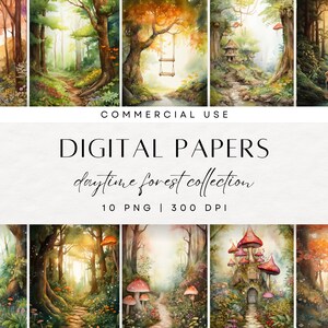Aquarel plakboekpapier, naadloze patronen, digitale achtergrond, betoverde tuin, paddestoelenbos, bospad