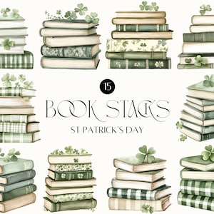Spring Book Stack Clipart | St Patricks Day Book Spines, Green Gingham Books, Four Leaf Clover Decor, Bookish Stickers | Commercial Use