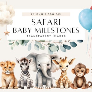 Clipart de hitos de bebé, clip art de animales de safari boho, elefante con globo, paquete de baby shower con temática de safari, uso comercial, PNG transparente