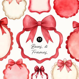 May include: Watercolor illustrations of red bows and frames on a white background. The image features various shapes and sizes of bows and frames, with the text "Bows & Frames" in the center. The number "33" is also visible.