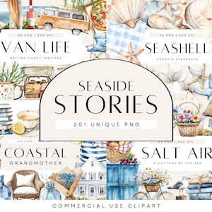 Clipart de verano, abuela costera, conchas marinas en acuarela, furgoneta retro, pegatinas de estilo de vida, paquete de decoración costera bohemia, uso comercial