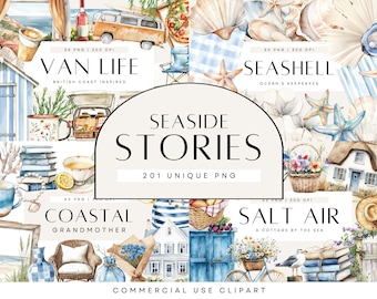 Clipart de verano, abuela costera, conchas marinas en acuarela, furgoneta retro, pegatinas de estilo de vida, paquete de decoración costera bohemia, uso comercial