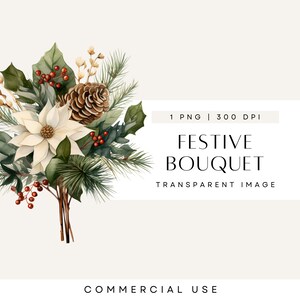 Clipart de buquê de noiva, clipart botânico boho, pinha, bagas de azevinho, vegetação de natal, folhagem, casamento boho, flores florais