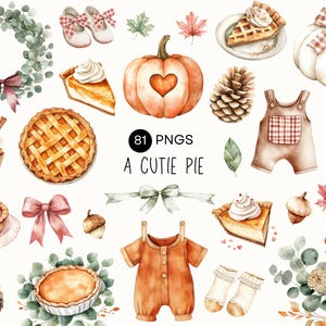 Little Cutie Pie Clipart | Baby Shower Elements, Autumn Pumpkin Pie, Thanksgiving PNG, Rustic Fall Clip Art, Gingham & Bows, Commercial Use