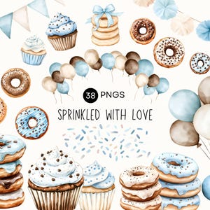 May include: Watercolor illustration featuring donuts, cupcakes, and balloons in shades of blue, brown, and white. The image includes the text "Sprinkled with Love" and a collection of PNG images.